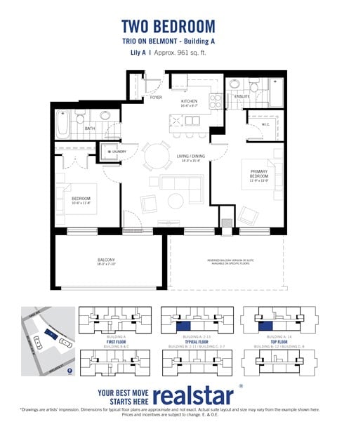 Floor plan for 2 beds, 2 baths, 961 sqft